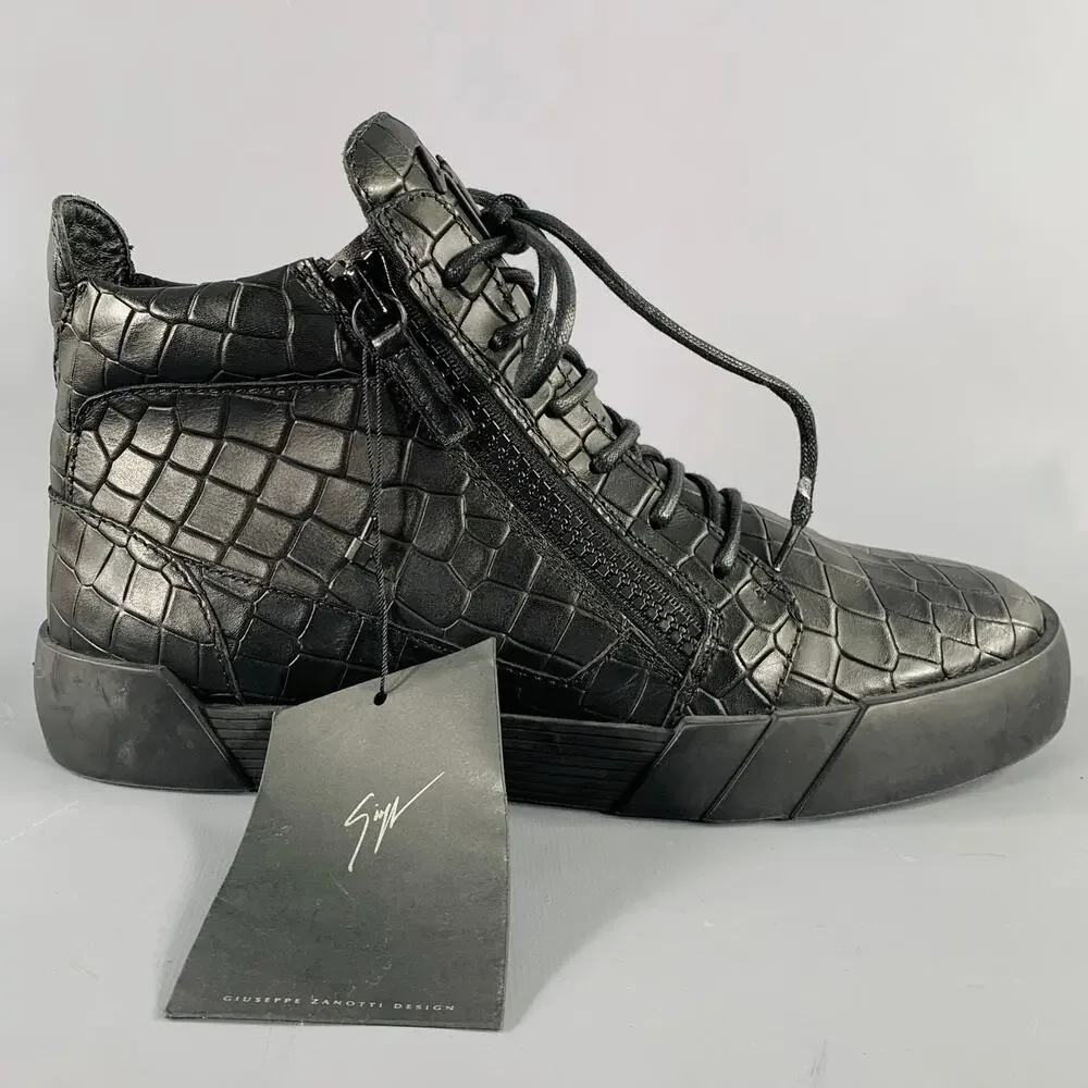 GIUSEPPE ZANOTTI Size 9 Black Croc Embossed Leather High Top Sneakers